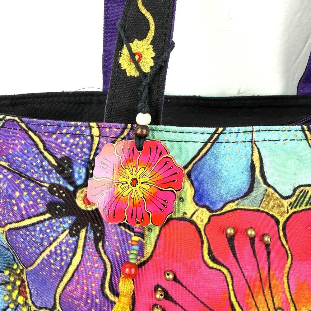 Laurel Burch Handbag Floral Canvas Colorful Boho Beaded Travel Shoulder Bag - Picture 3 of 16